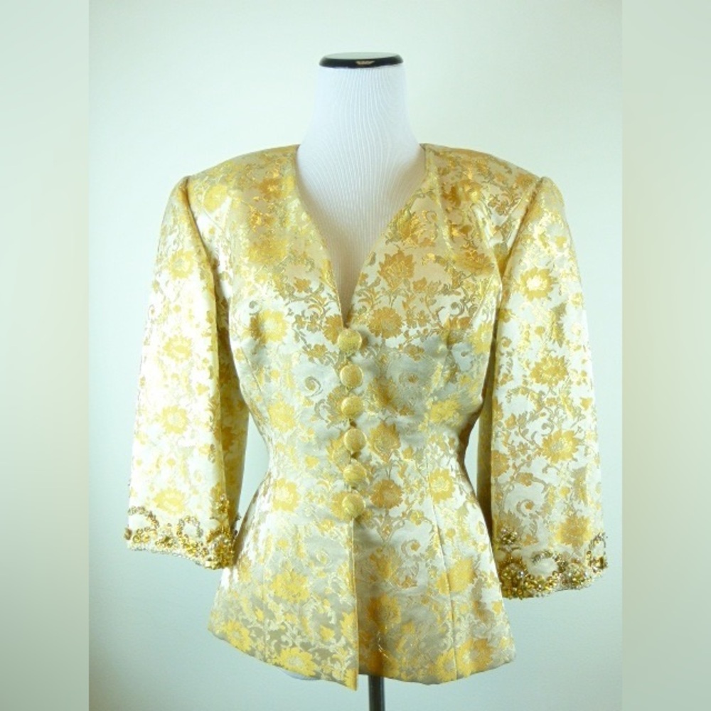 Vintage 80s LEON PAULE Original GOLD BROCADE BEADED JACKET big shoulders S M